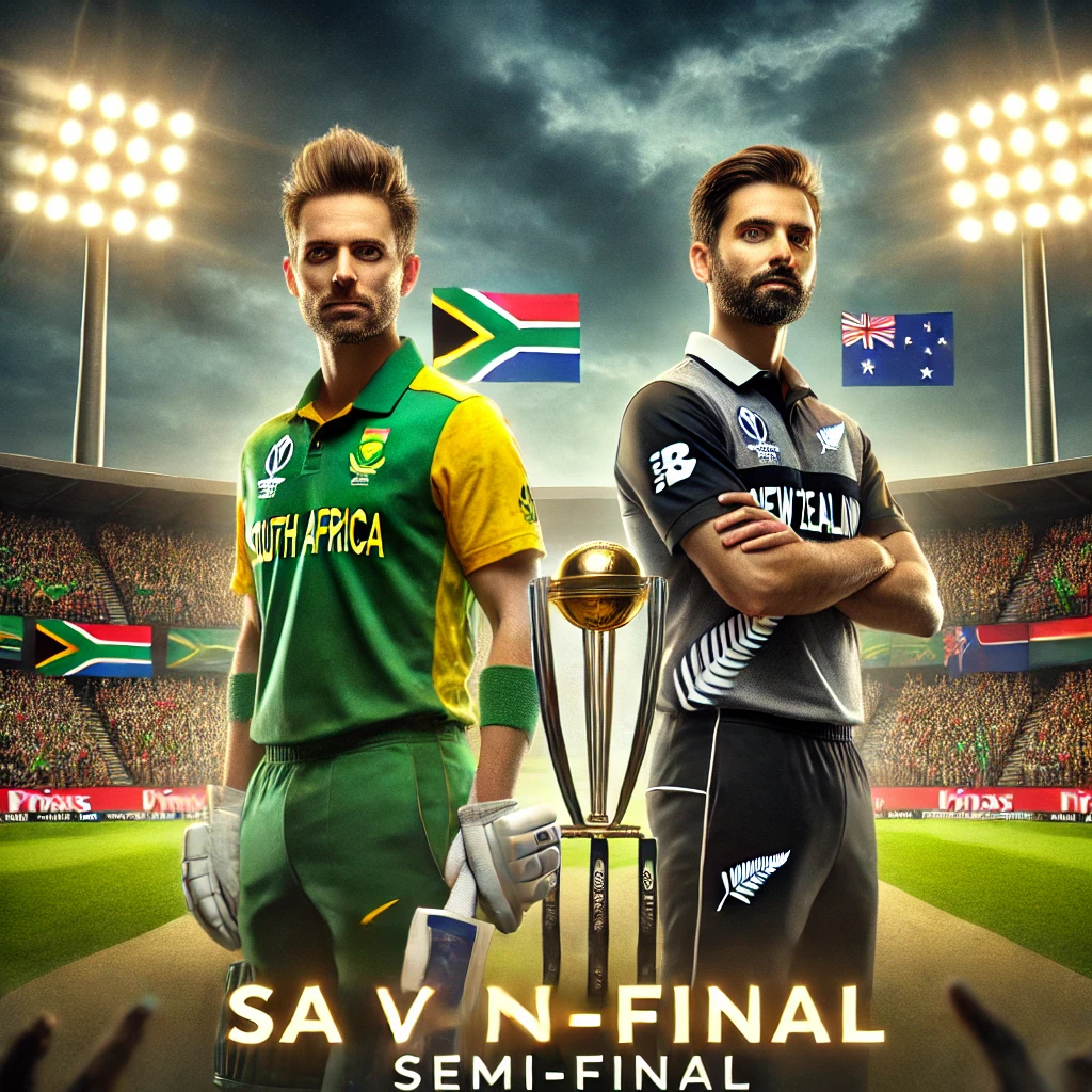 "South Africa vs New Zealand Champions Trophy 2025 Semi-Final - Cricket Stadium with Team Captains