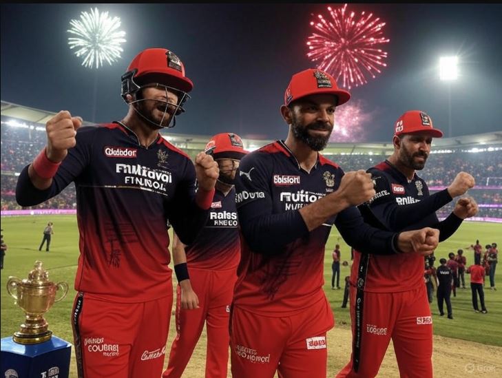 Will RCB Win IPL 2025? | Will Royal Challengers Bangalore Win IPL 2025? | Royal Challengers Bangalore (RCB) players Virat Kohli, Faf du Plessis, and Glenn Maxwell celebrating IPL 2025 victory in red and black jerseys, raising fists in triumph, with the IPL 2025 trophy in the foreground, packed stadium with bright floodlights and fireworks, cinematic style, vibrant colors.